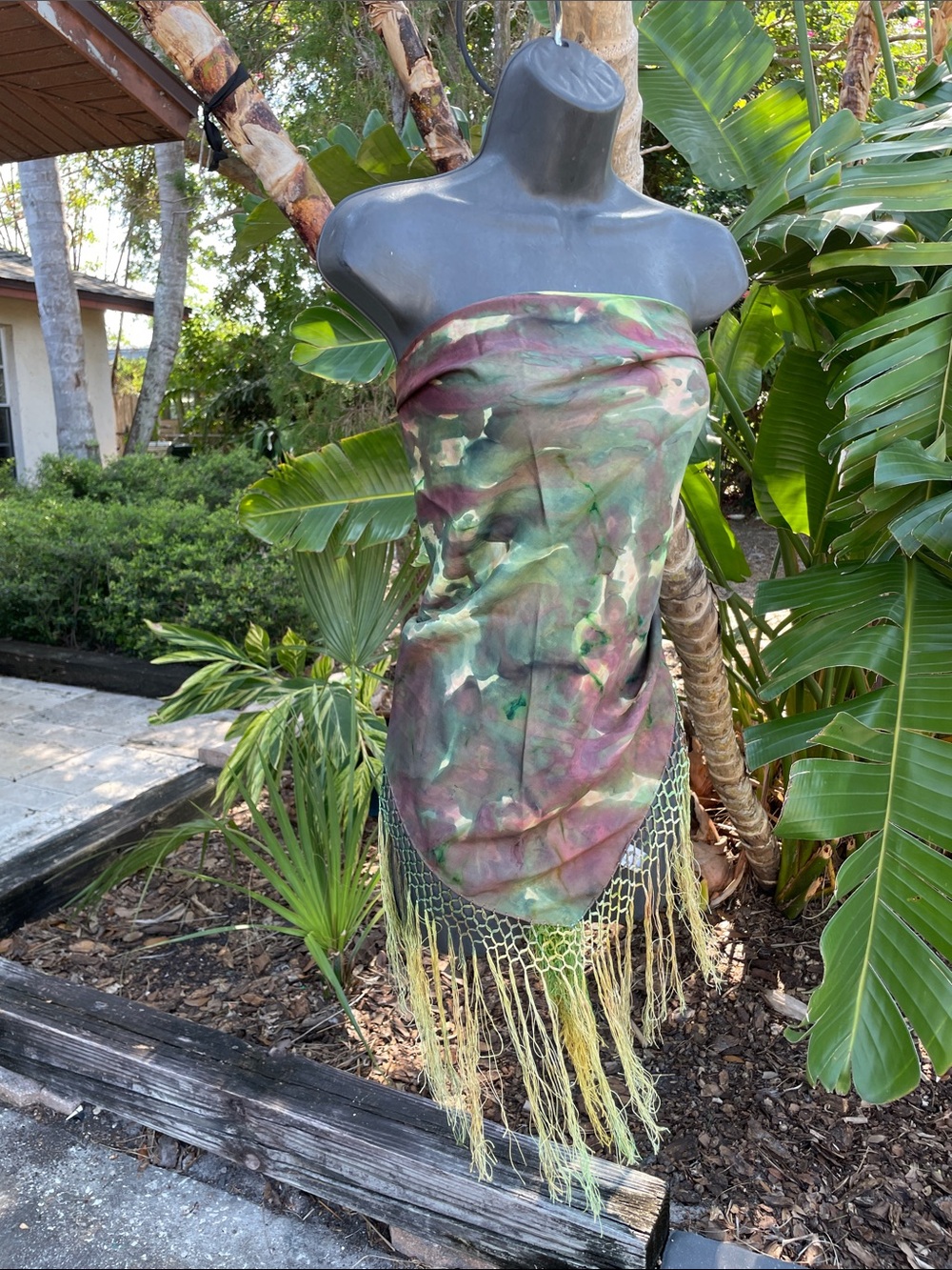 pure silk, tie-dye fringe, scarf, strapless, top, ski skirt or belt